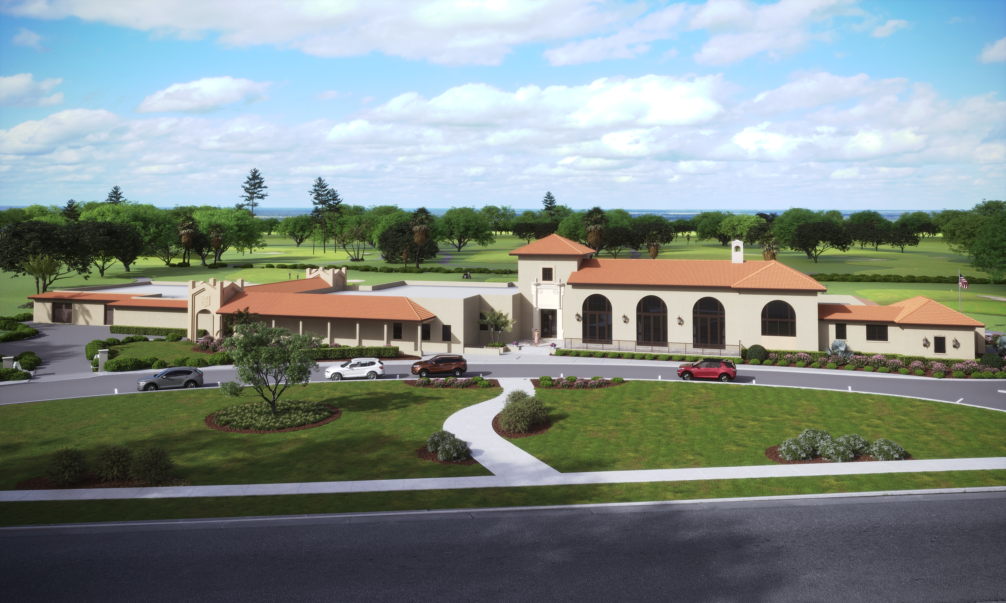 Architectural rendering of proposed golf club renovation featuring Mediterranean-inspired design with terracotta roofs, arched windows, and landscaped circular drive — designed by CMSA Architects, Sarasota.