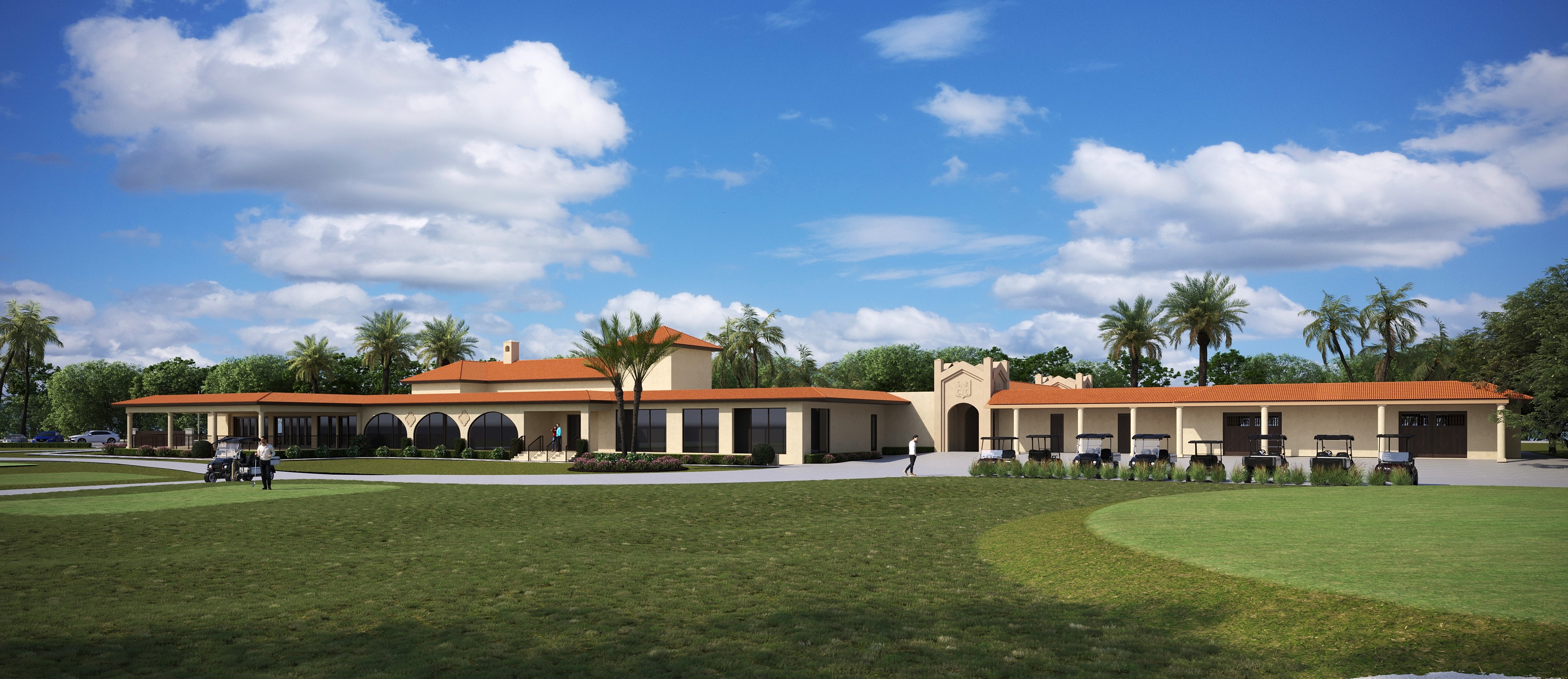 Rear view of renovated golf clubhouse overlooking the green, with covered walkways and palm landscaping — golf and country club architecture by CMSA Architects, Sarasota.