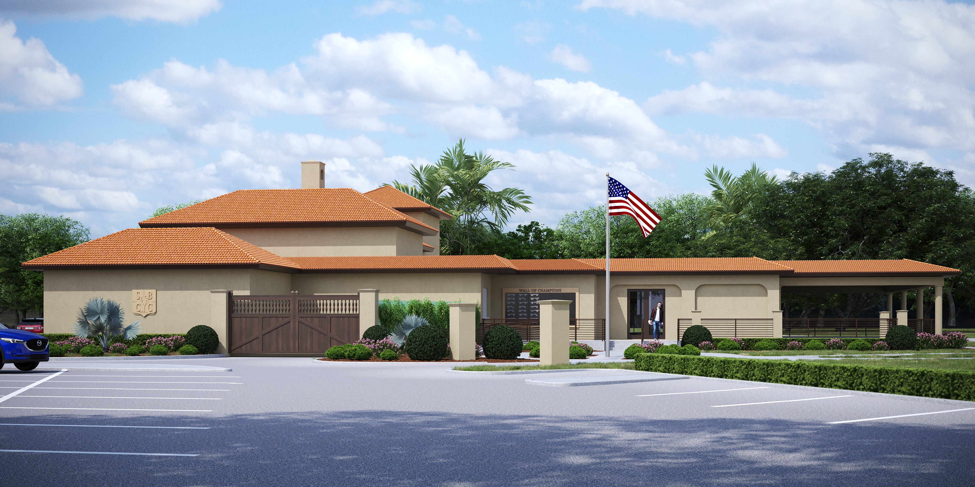 Main entrance view of golf club renovation highlighting new entry canopy, American flag, and updated landscaping — luxury clubhouse design by CMSA Architects, Florida