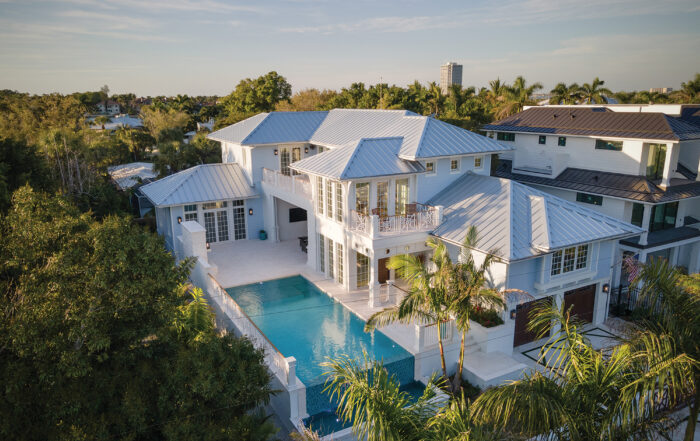 West Indies–inspired balcony and columns at Solara, designed by Sarasota firm CMSA Architects.