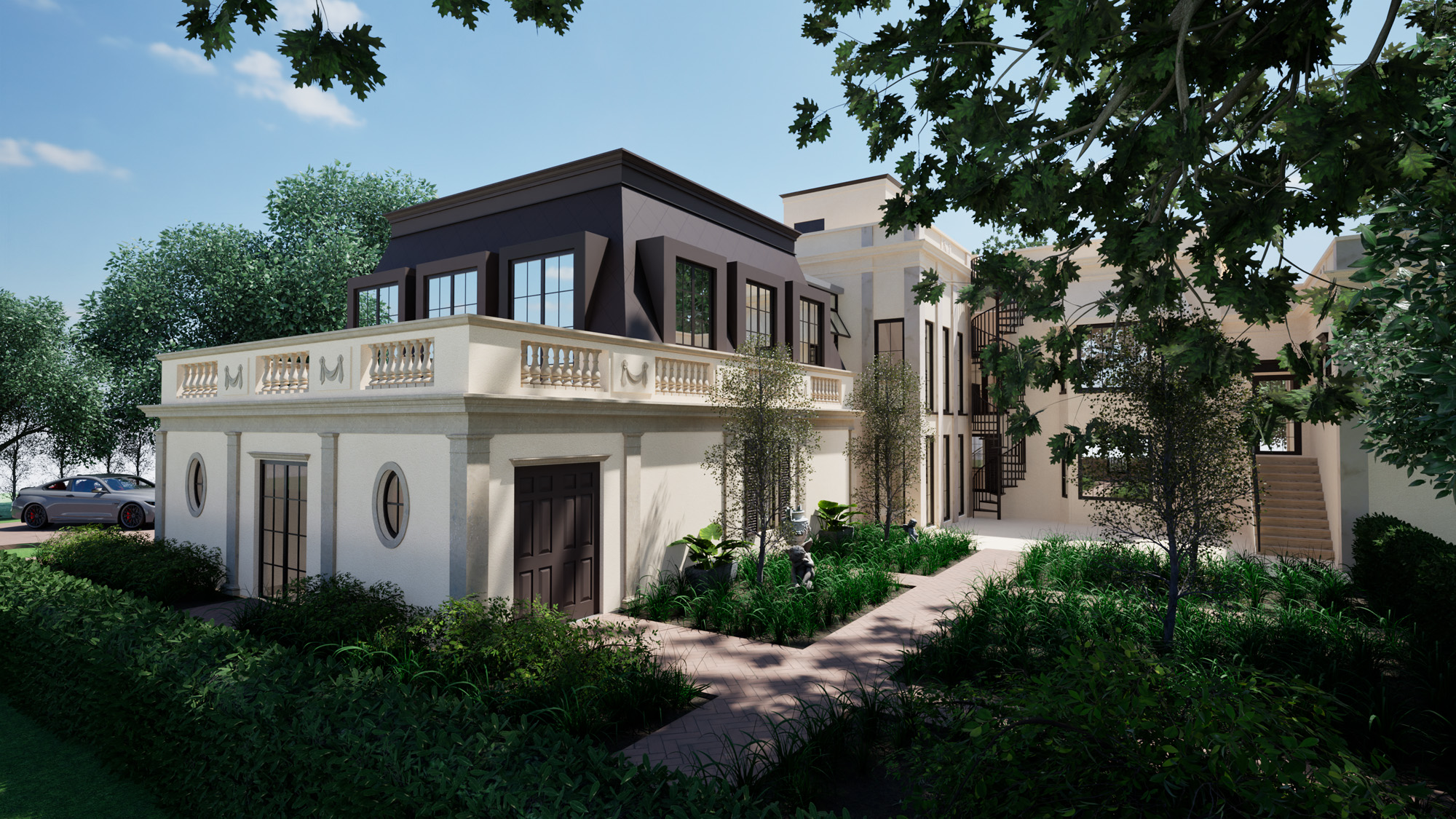 Rendering of a refined Florida residence featuring a new second-story addition designed for balance and proportion.