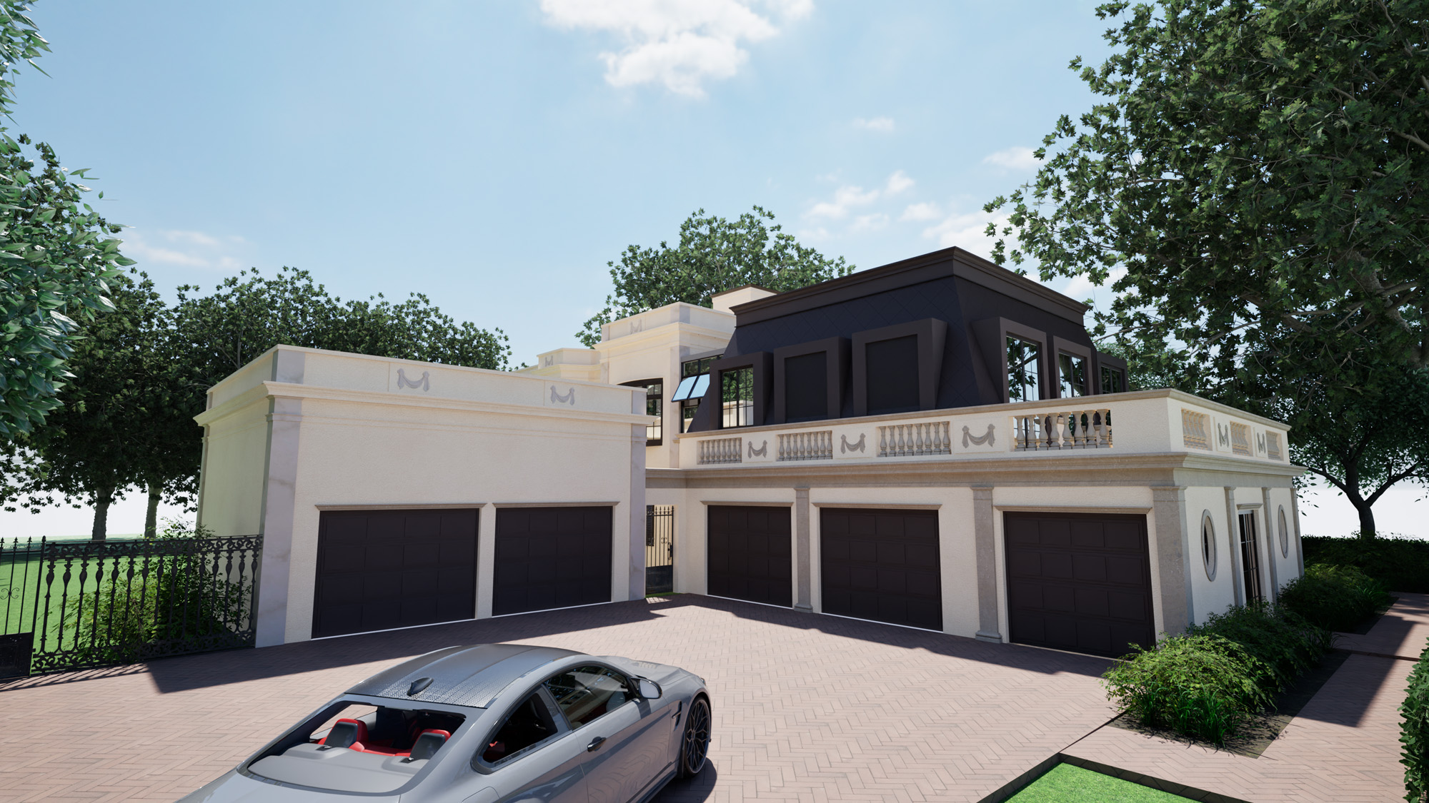 Architectural rendering highlighting the entry and garden approach of a Florida home renovation with updated exterior detailing.