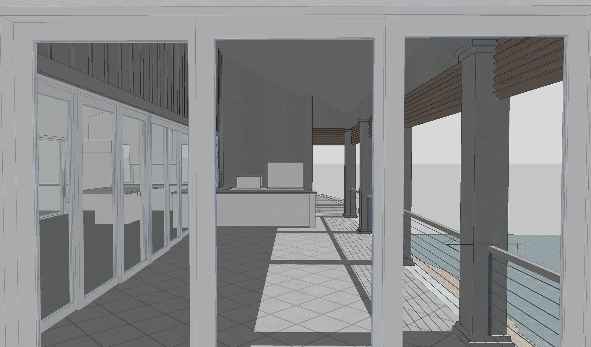 Bedroom opening to a waterfront patio in a luxury coastal home by CMSA Architects in Sarasota County, Florida.