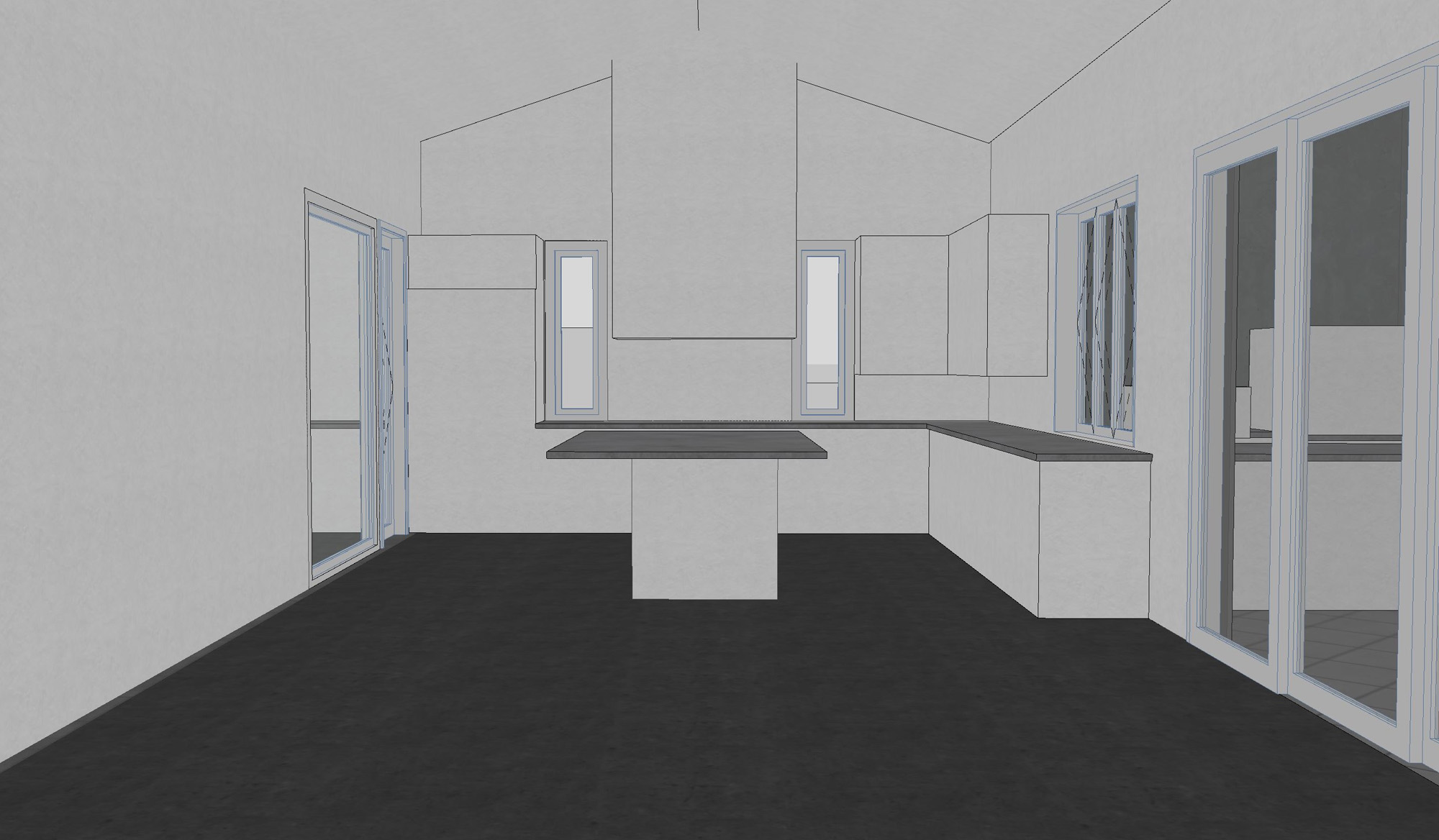 Kitchen design rendering for a modern coastal residence by CMSA Architects, Sarasota County, Florida.