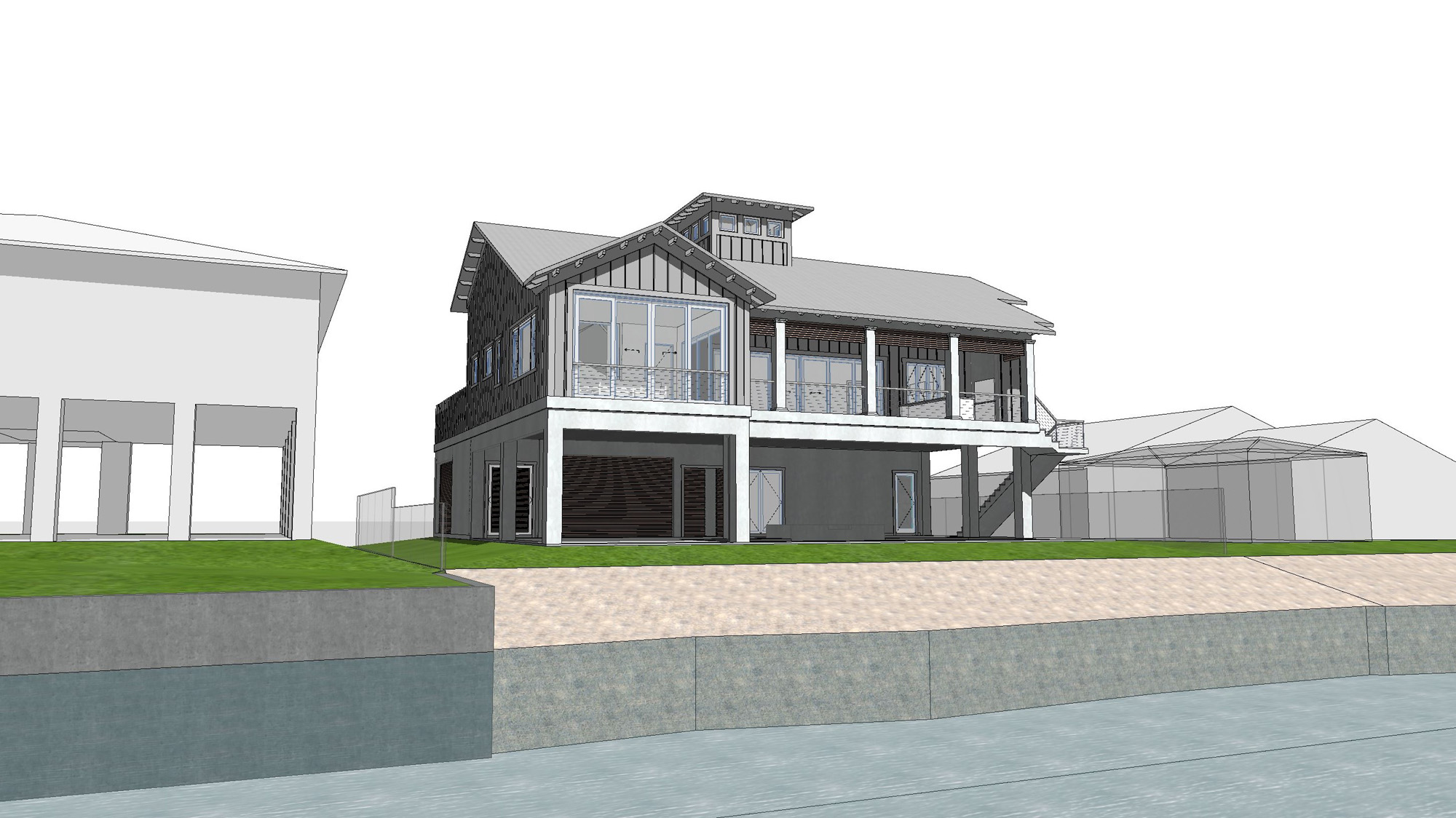 Waterfront architectural rendering of a coastal home in Sarasota County, Florida, by CMSA Architects.