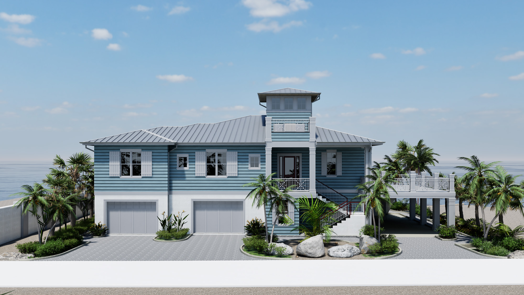 Architectural rendering of a new elevated coastal residence in Nokomis, Florida, featuring coastal-inspired detailing and a modern Florida façade.