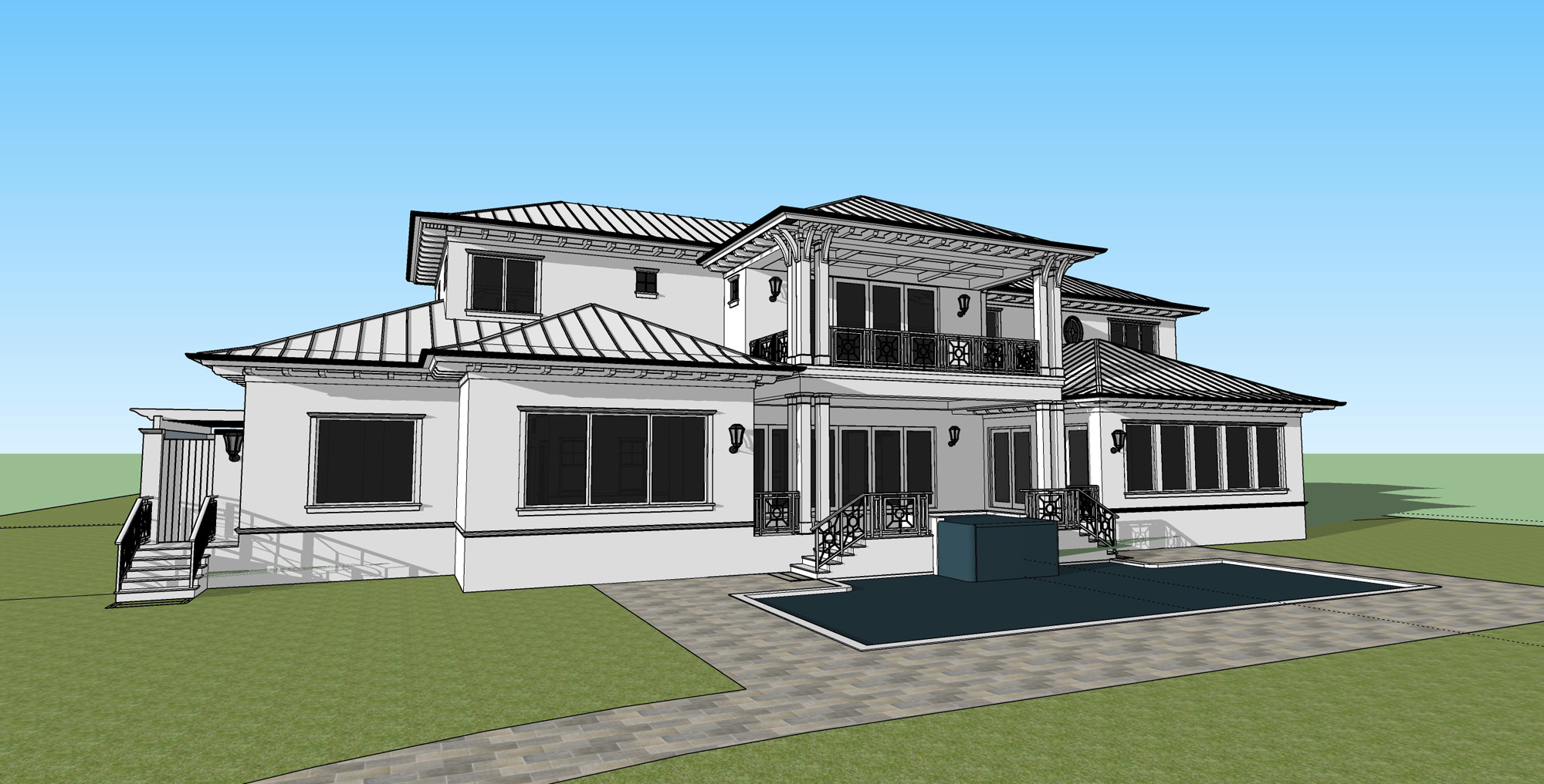 Architectural elevation study of a two-story Florida residence with balanced proportions and traditional design influence.