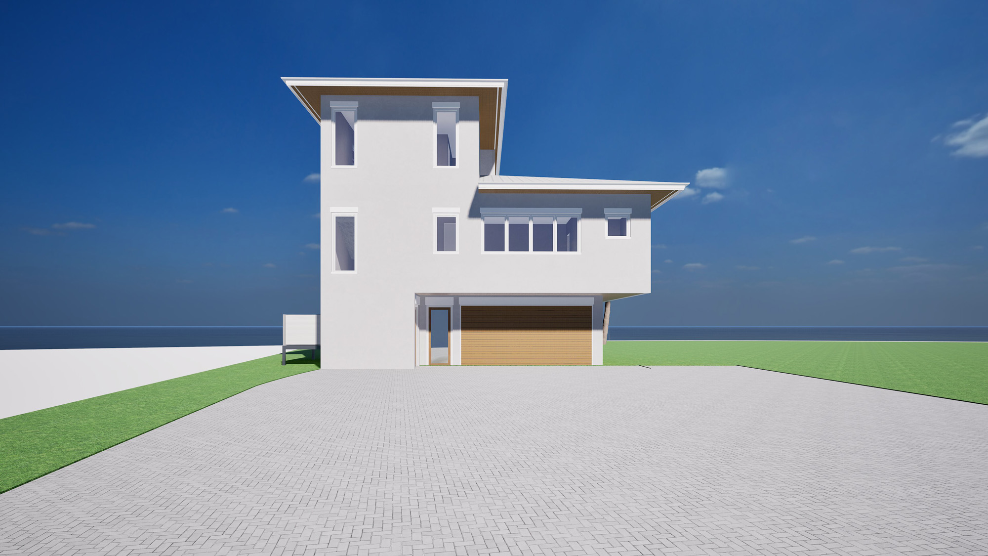 Rendering showing the driveway approach and under-structure parking design of an elevated Florida guest house.