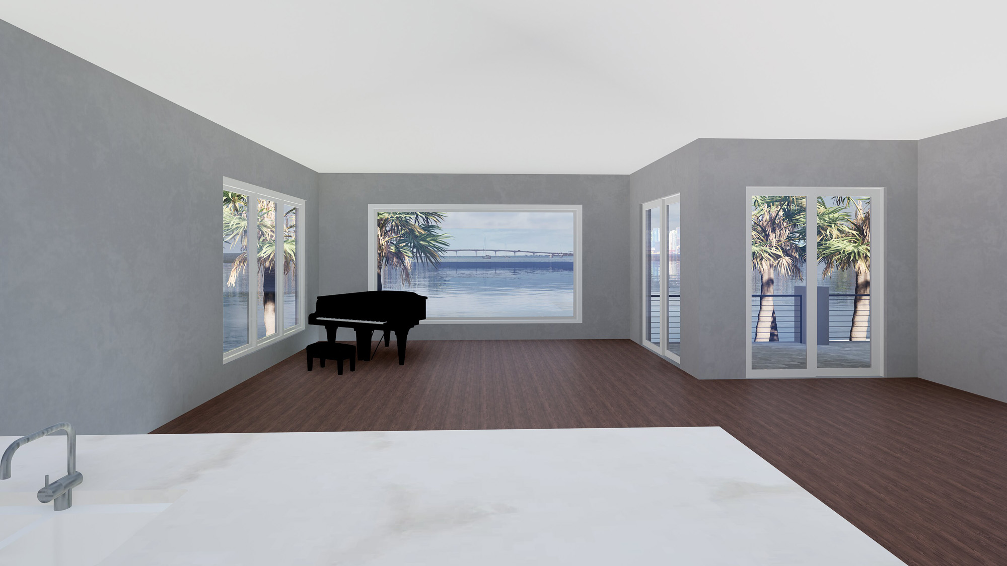 Interior rendering of a Sarasota waterfront guest house with open living areas, panoramic views, and natural light.
