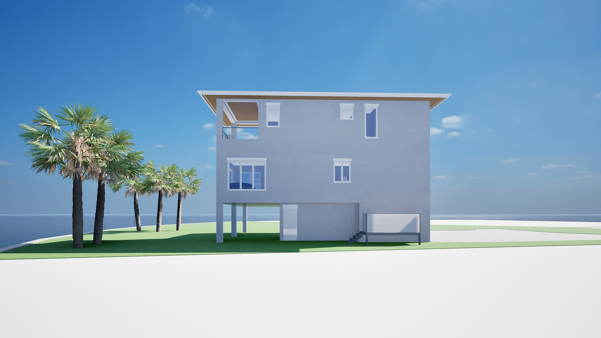 Architectural rendering showing the Sarasota waterfront guest house overlooking the bay with broad overhangs and open terraces.