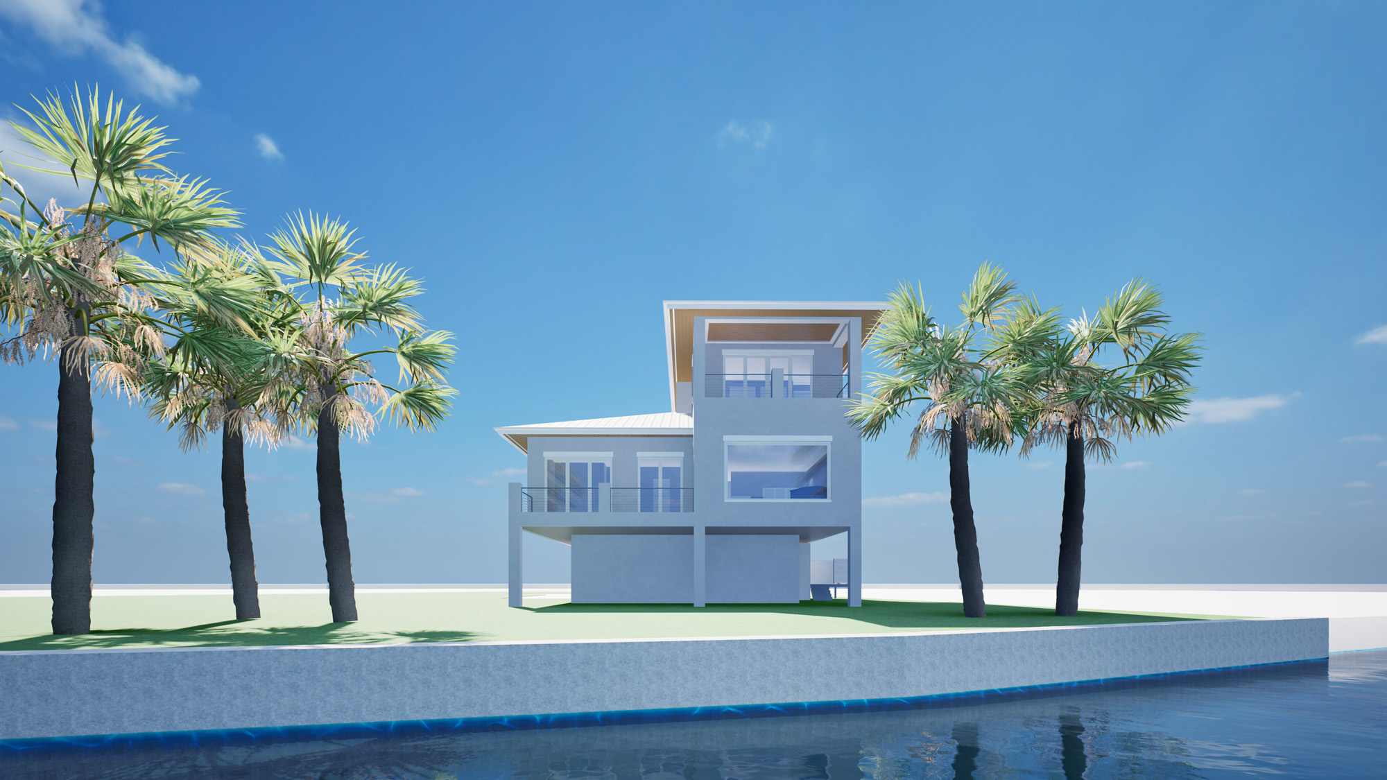 Aerial rendering highlighting the site plan, guest house placement, and integration with the surrounding landscape.