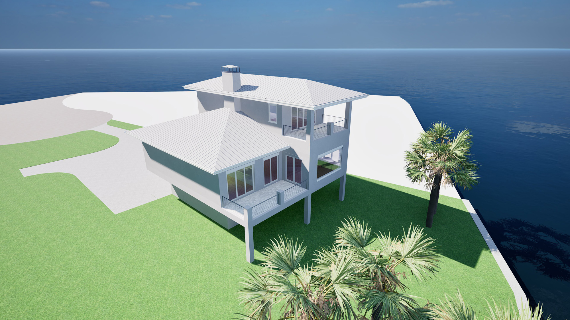 Rendering of a contemporary Florida guest house elevated above parking with panoramic water views and shaded outdoor spaces.