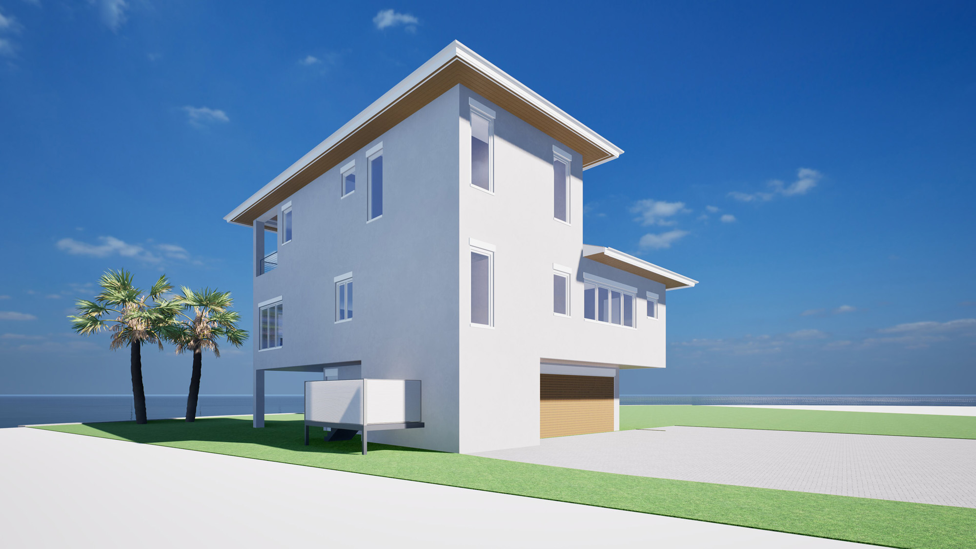 Side elevation showing the elevated guest house structure designed with clean lines and modern coastal proportions.