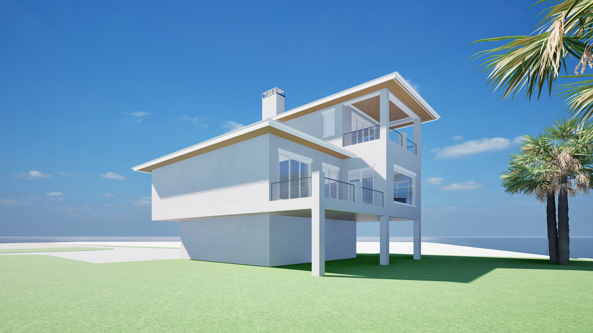 Corner perspective illustrating the architectural massing and overhangs designed for shade and resilience.