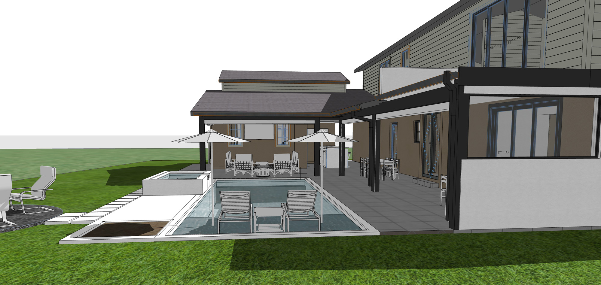 Rear elevation showcasing the home’s new cabana addition and expanded poolside living areas.