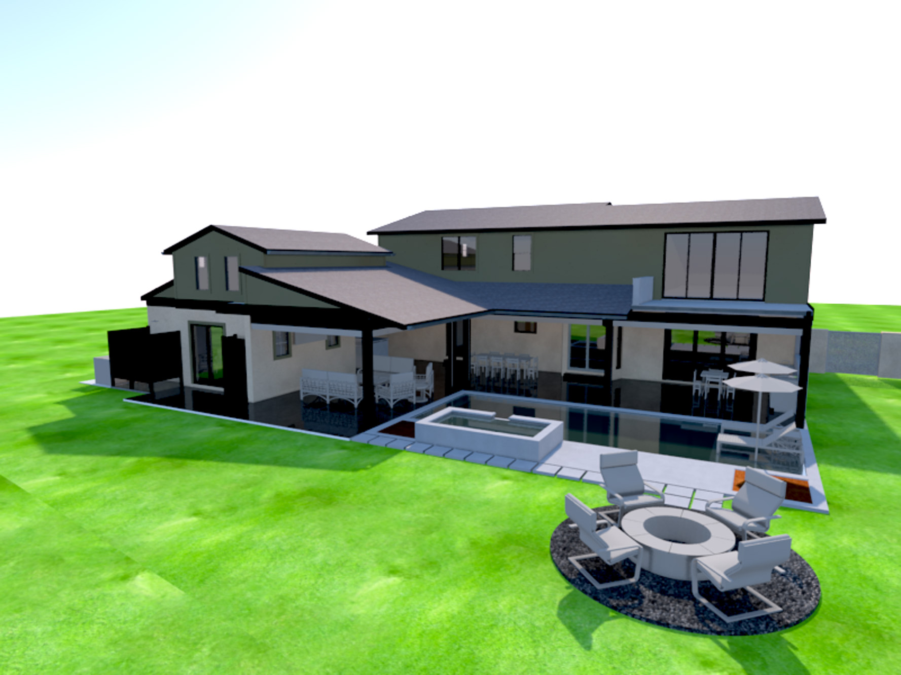 Covered lanai and pool connection emphasizing continuity between interior comfort and the surrounding landscape.