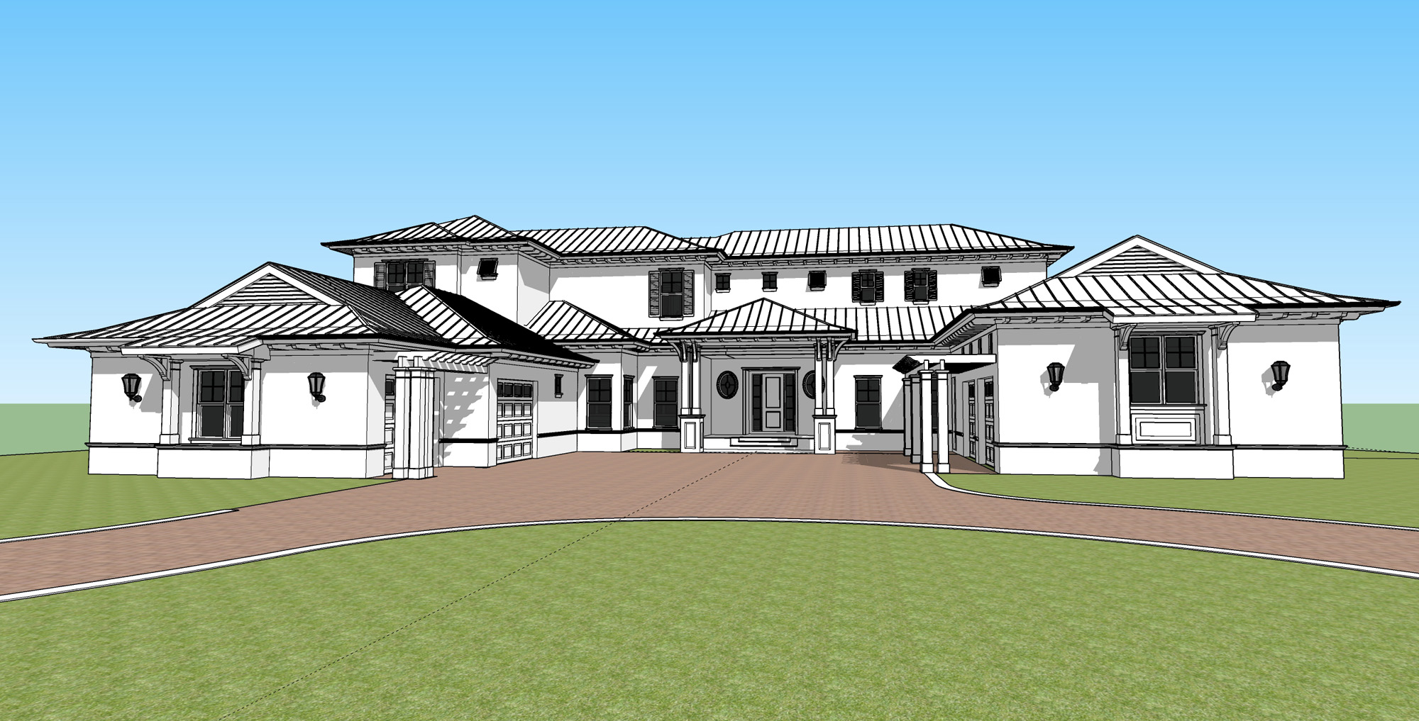 Rendering of a stately Florida residence with grand entry sequence, landscaped motor court, and timeless façade compositio