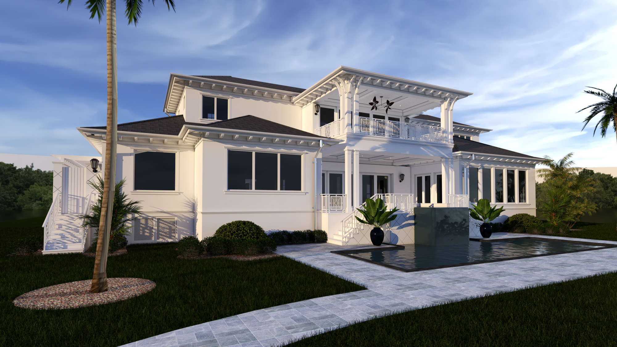Concept rendering showing the rear elevation and outdoor living spaces of a refined residential design.