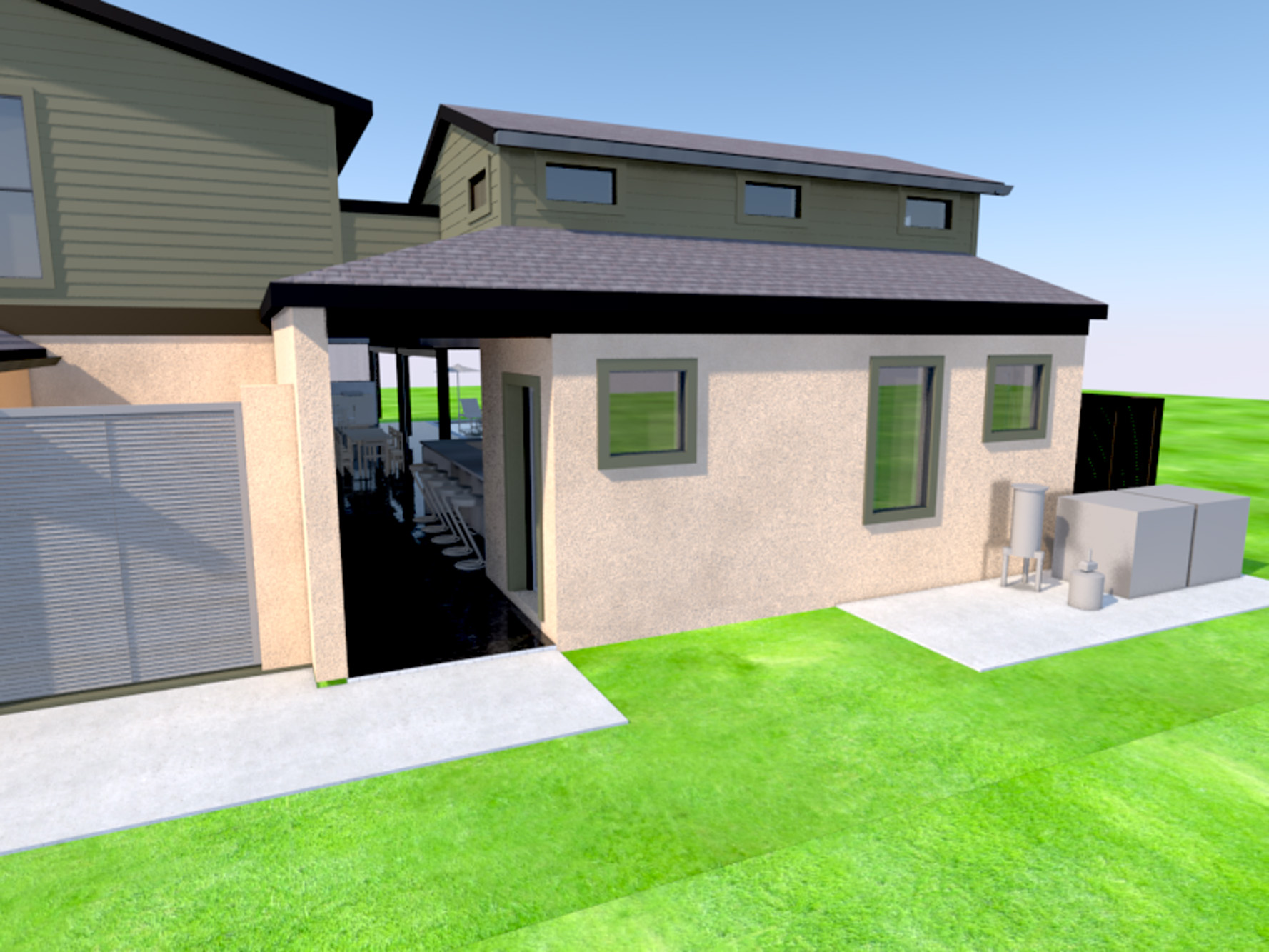 Side view highlighting the addition’s balance of proportion, texture, and coastal-inspired detailing.