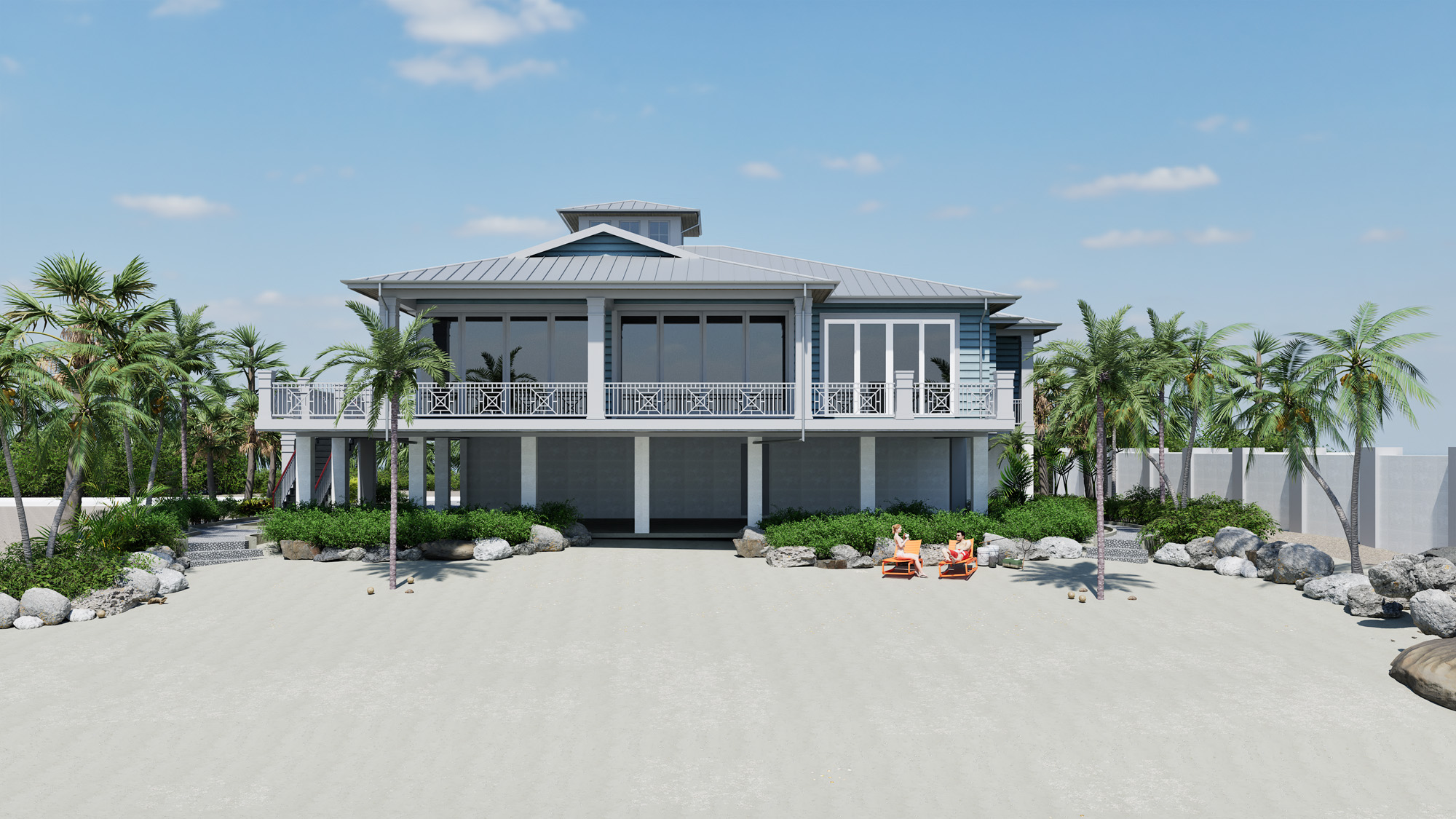 Rear elevation rendering of a beachfront residence in Sarasota County designed for modern coastal living and FEMA-compliant elevation.