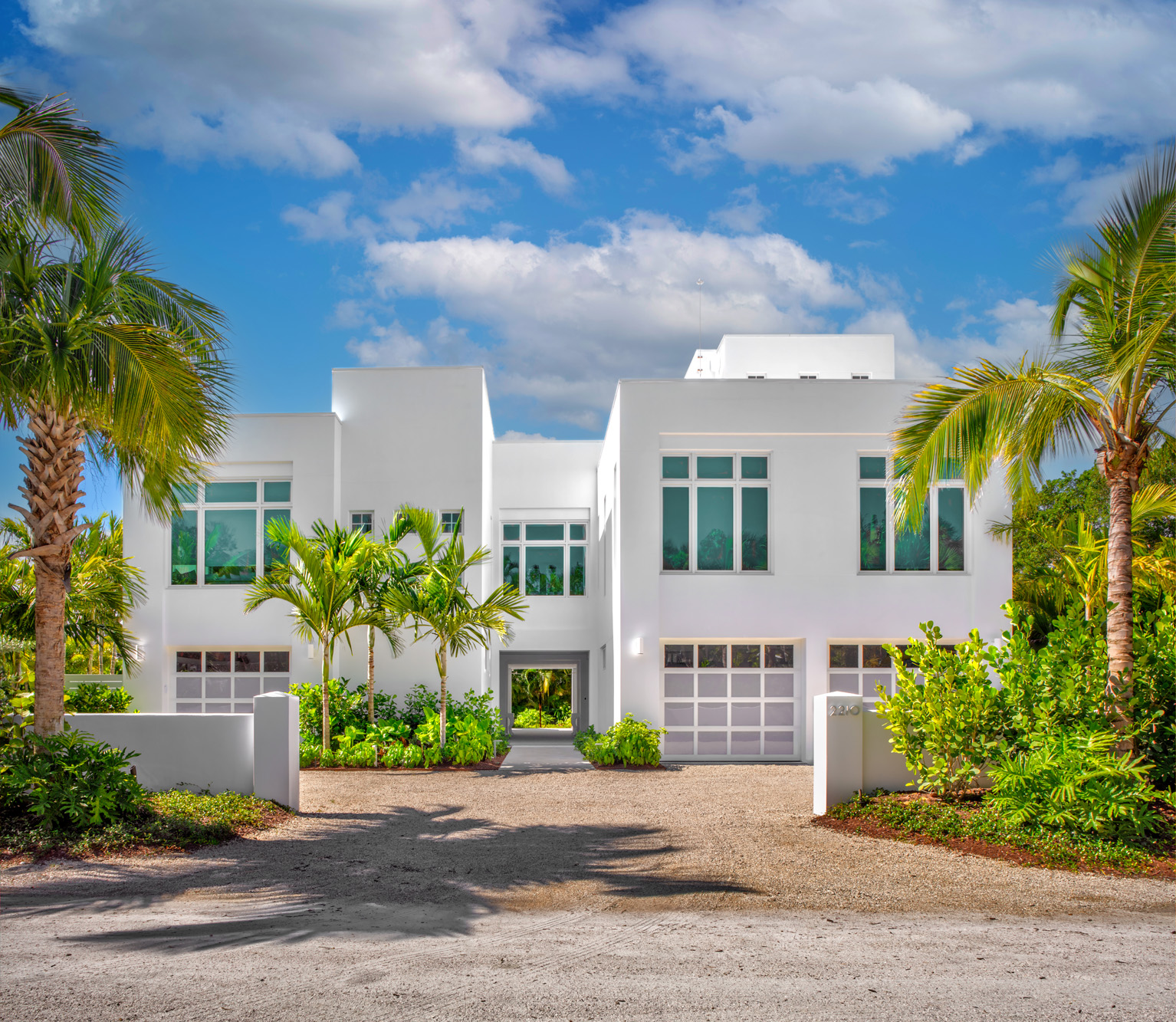 Front elevation of The Garden House in Boca Grande, designed by a Sarasota architect firm known for hurricane-resilient modern design.