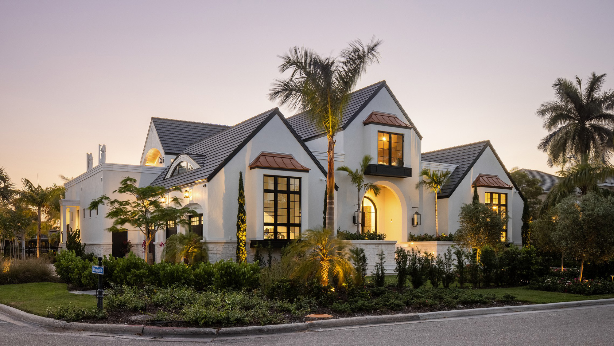 Aerial roofline view of symmetry and waterfront placement in Sarasota.