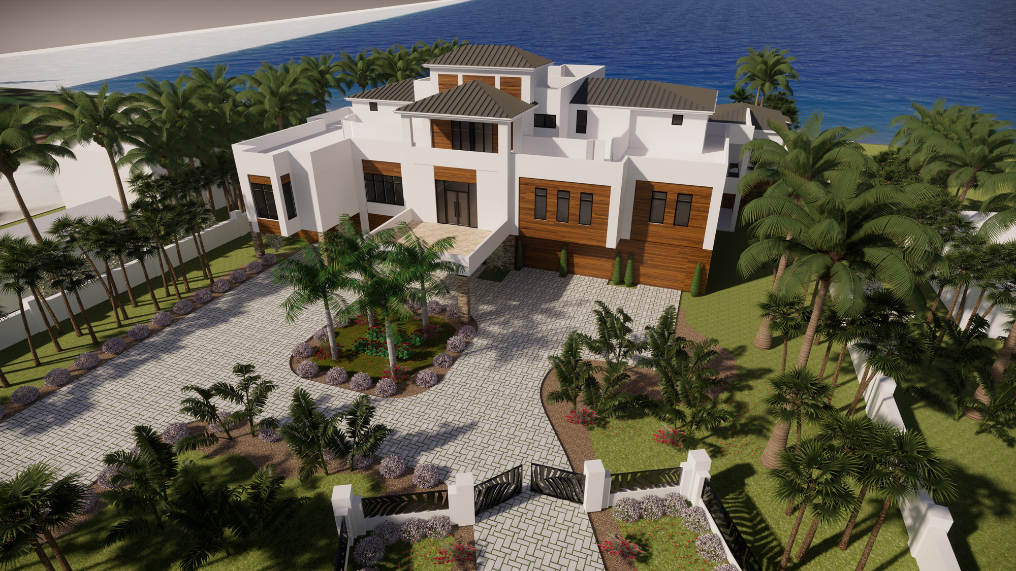 Architectural rendering highlighting a Sarasota waterfront home’s elevated pool terrace with infinity-edge design.