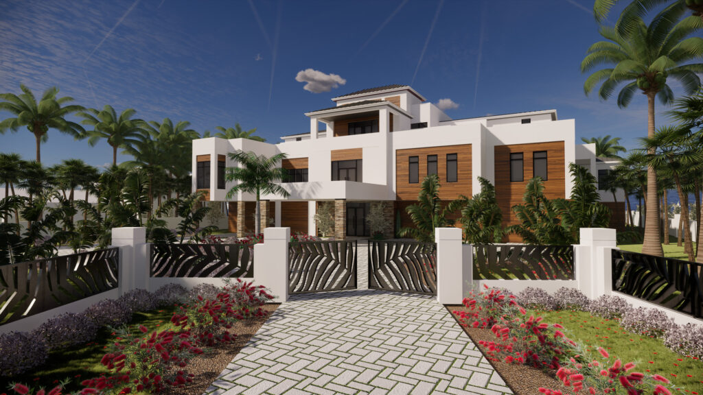 Aerial rendering of a Sarasota modern residence with a gated entry, circular driveway, and tropical landscape design.