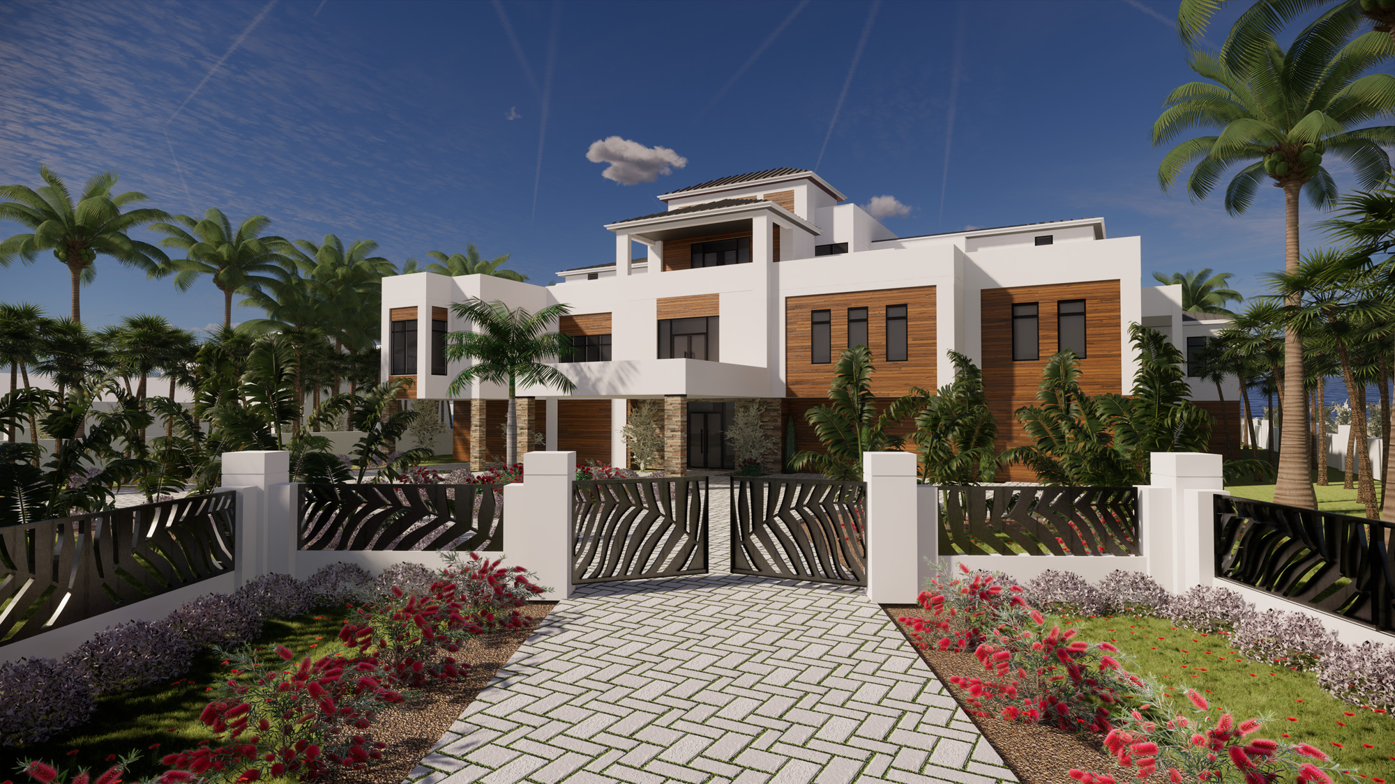 Aerial rendering of a Sarasota modern residence with a gated entry, circular driveway, and tropical landscape design.