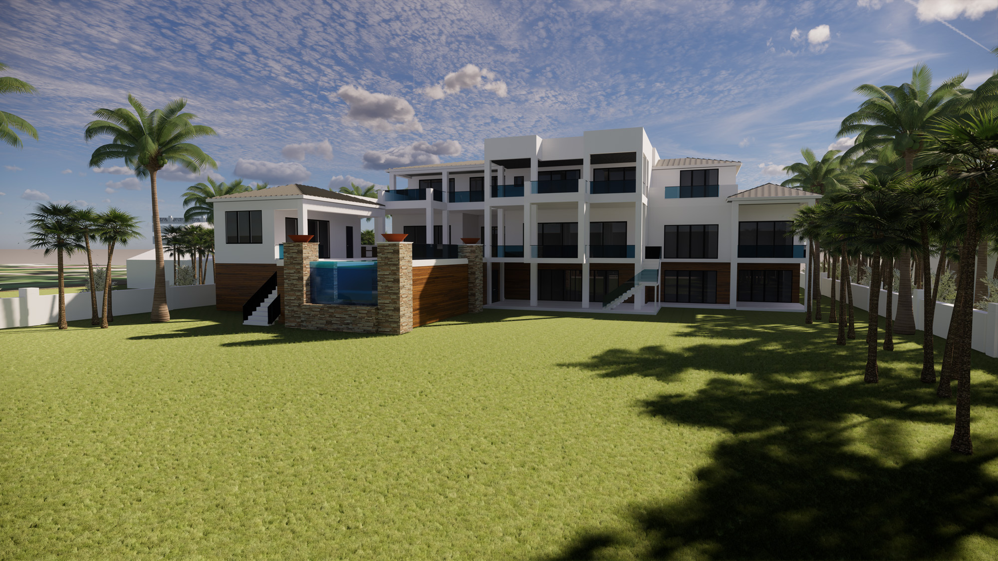 Aerial view of a Sarasota bayfront home showing modern massing, elevated living spaces, and coastal landscaping.