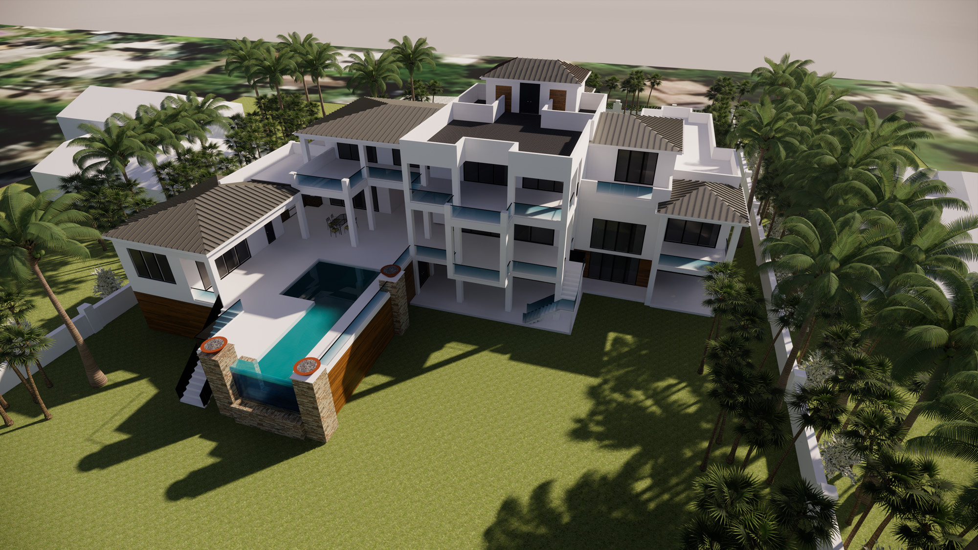 Rear rendering of a Sarasota waterfront residence with multi-level terraces and an infinity-edge pool.